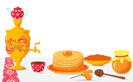 a table with snacks for Shrovetide. with pancakes, tea, honey, samovar and caviarのイラスト素材