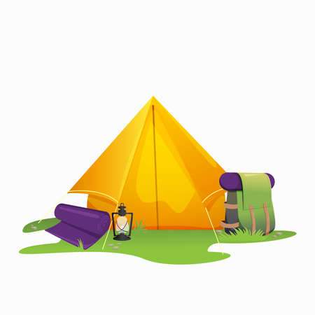 vector illustration of Camping with tent and backpack, outdoors in summerのイラスト素材
