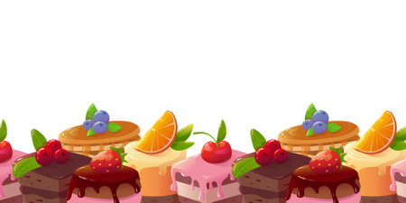 seamless horizontal pattern of cakes, desserts and pancakes on an isolated background. vector illustrationのイラスト素材