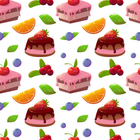 Seamless pattern of cakes decorated with berries and leaves on an isolated background vector illustration.のイラスト素材