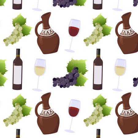 Seamless background with wine and grapes for wine shops, cards, decorations, menus, web, banners. vector illustration.のイラスト素材