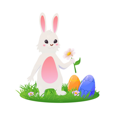 eastercard. rabbit with chamomile and easter eggs on the grass. vector illustrationのイラスト素材