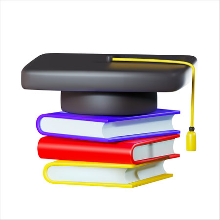 square academic cap (bonnet or mortarboard) on book. vector illustration 3d render. isolated on white backgroundのイラスト素材