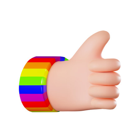 render of hand with thumb up, like gesture, with rainbow bracelet. lgbt. vector illustration in 3d styleのイラスト素材