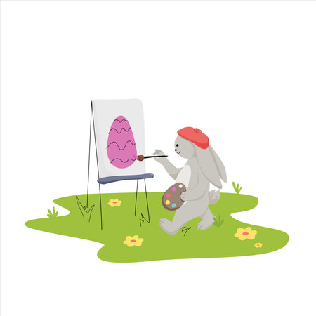 happy easter. Rabbit artist paints an Easter egg on an easelのイラスト素材
