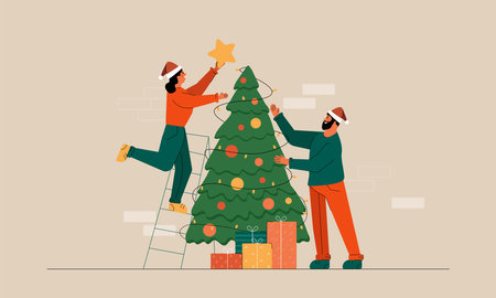 A woman and a man decorate the Christmas tree. vector illustration in flat styleのイラスト素材