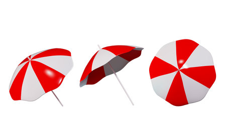 3d render of a red and white striped beach umbrella from different angles. vector illustration in cartoon styleのイラスト素材
