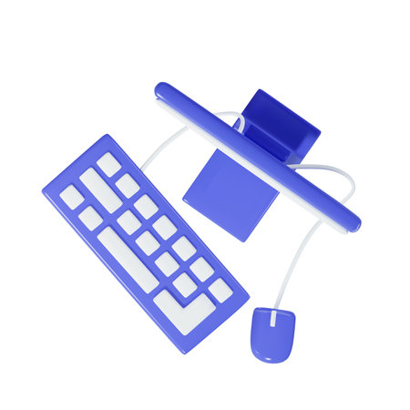 rendering of a blue computer with a keyboard and mouse top view in 3d style. vector illustrationのイラスト素材