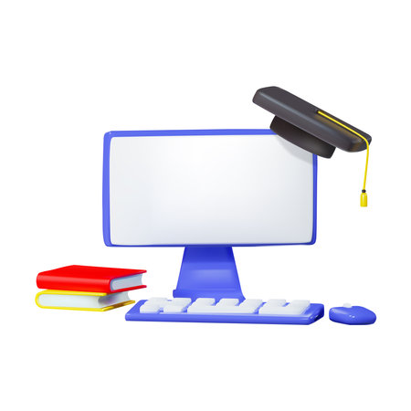 The concept of online home learning. Computer with academic cap, textbooks, keyboard and mouse. Vector illustration 3d render.のイラスト素材