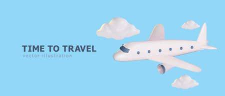 Airplane banner render among the clouds. Travel and vacation concept. Vector illustration in 3d style for print, web, social networksのイラスト素材