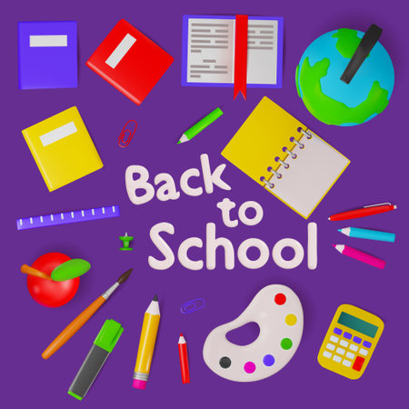 Top view square banner with school supplies and stationery. Letter back to school. vector 3d illustration.のイラスト素材
