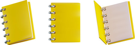 Render of a yellow notepad or notebook on a metal spring from different angles. vector 3d illustrationのイラスト素材