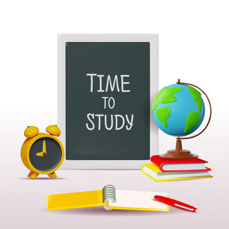 School board with "time to study" lettering with globe on books, alarm clock, notepad and pen. Vector illustration in 3D style isolated backgroundのイラスト素材