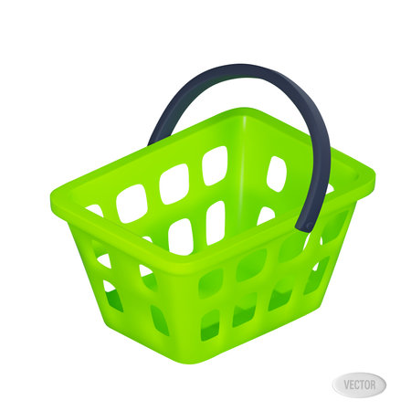 Render of an empty green shopping cart with a dark handle. Vector 3d illustration isolated on white backgroundのイラスト素材