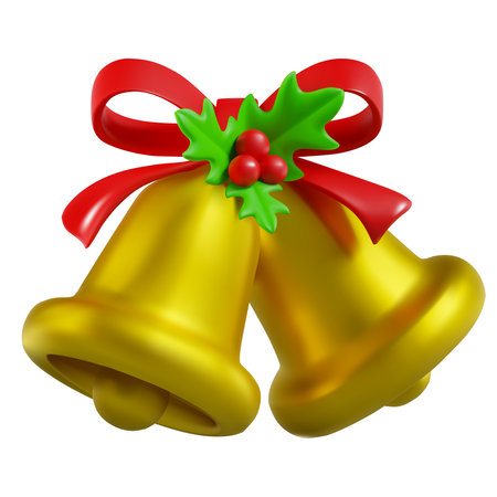 Render of golden bells with holly. Decoration icon for christmas and new year Vector 3d illustration on isolated white backgroundのイラスト素材