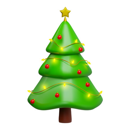 Render of a Christmas tree decorated with a glowing garland and balls with a star. Vector 3d illustration isolated on white backgroundのイラスト素材