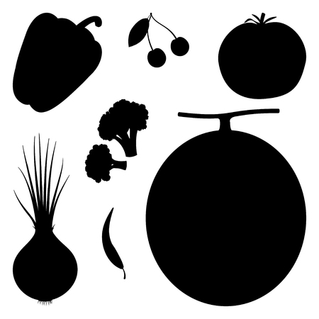 Set of isolated vegetables and fruits silhouettesのイラスト素材