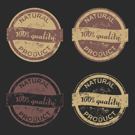 Vector set of four grunge signs "Natural Product" consists of two bicolored emblems and two monochrome stamps for your design projects. Fully editable. May be used in advertising and packaging design.のイラスト素材
