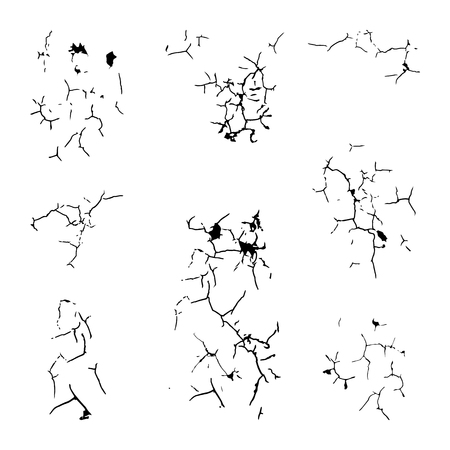 Vector illustration of cracks. Set of 8 different isolated crackes on white backdrop. Fully editable file for project.のイラスト素材