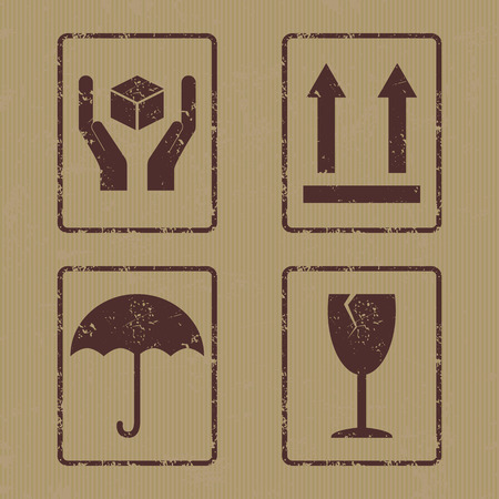 Vector collection of four grunge icons consists of "Handle With Care", "This side up", "Keep Dry" and "Fragile". Fully editable packaging signs set on carton backdrop for your projects.のイラスト素材