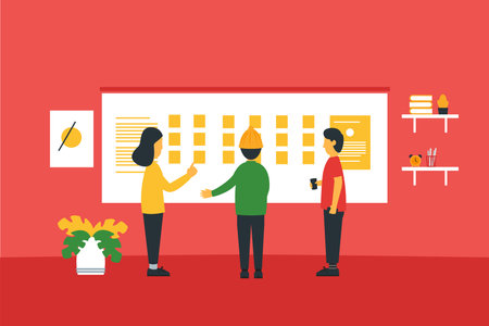 Man and woman having business meeting, working, launch in office, startup office situation illustration. Open space office concept. Flat Design Illustration.のイラスト素材