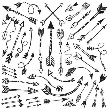 Tribal doodle arrows set, hand drawn background. Sketchy pattern, arrow icons collection on white. Vector illustration.のイラスト素材