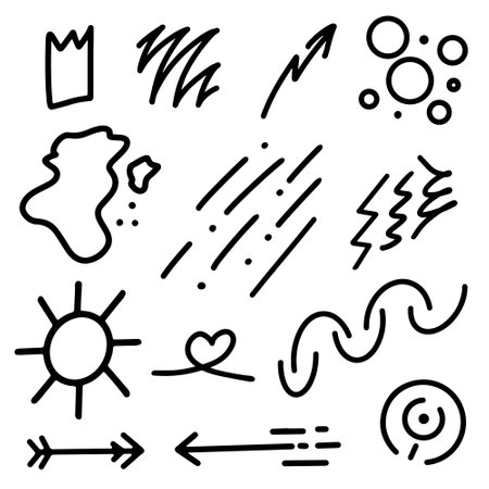Doodle trendy abstract shapes set isolated on white. Black hand drawn arrows, sun, splash. Modern design elements for social post and stories, posters, banners. Line drawing. Vector illustrationのイラスト素材