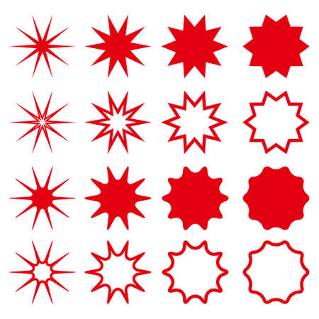 Star shapes collection. Silhouetes and outline red ten pointed stars. Simple design elements set. Vector illustration isolated on white.のイラスト素材