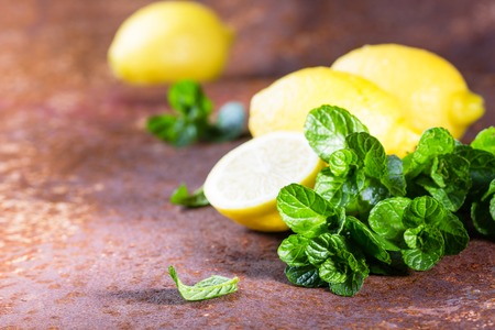 Fresh mint and lemon slices on rustic background. Mohito cocktail ingredients. Lemonade ingredientsの写真素材