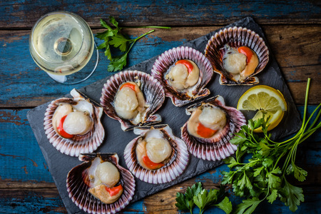 Seafood. Shellfish. Raw scallops with lemon, cilantro and white wine on black stone slate plate