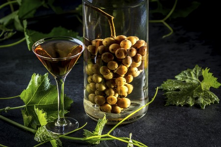 Traditional Chilean grapes brandy with whole bunch of grapes inside bottle. Aguardiente de uva Bottle of grape aguardiente brandy and grape leaves on slate dark background. Latin American drinkの写真素材