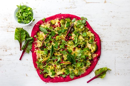 Purple beetroot dough, vegetables and sprouis pizza, Healthy fast foodの写真素材