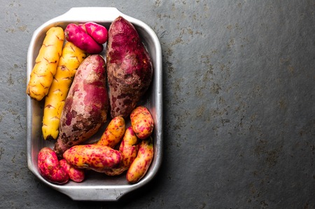 Peruvian raw ingredients for cooking - yuca, colored sweet potatoes and camote batata. Top view.の写真素材