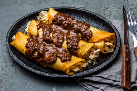 Mexican cuisine. Traditional Mexican chicken enchiladas with spicy chocolate salsa mole poblano. Enchiladas with sauce moole from Puebla, Mexicoの写真素材