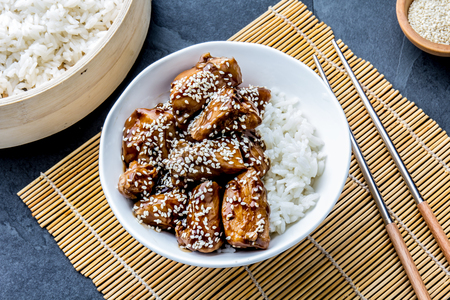 Japanese food. Chicken teriyaki with rice. slate background. Top viewの写真素材