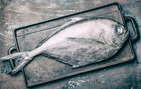 Food background with raw fresh fish reineta, herbs, olil and lemon. Top viewの写真素材