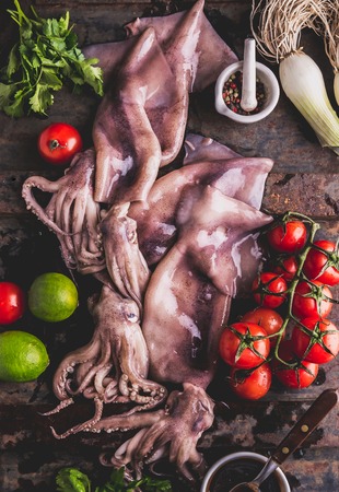 Fresh raw seafood squid calamary and ingredients on dark background. Top view.の写真素材