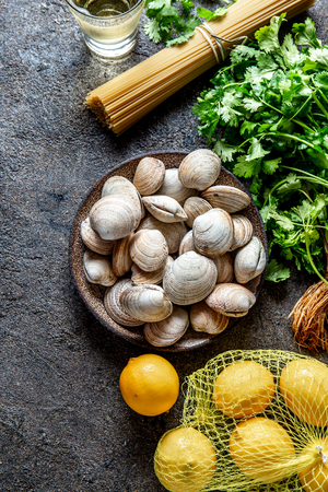 Ingredients for preparation spaghetti with clams - raw fresh clams, spaghetti coriander, white wine lemon.の写真素材