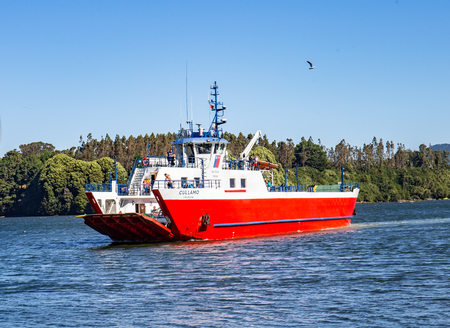 VALDIVIA, CHILE - JAUNARY, 15, 2019.  Vehicle and passenger ferry between Niebla and Corral, Region...