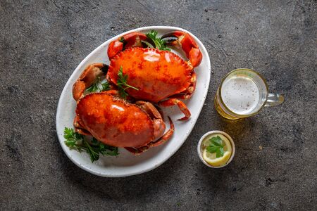 Whole cooked  crabs on white plate with lemon and beer. Gray concrete background. Top view.の写真素材