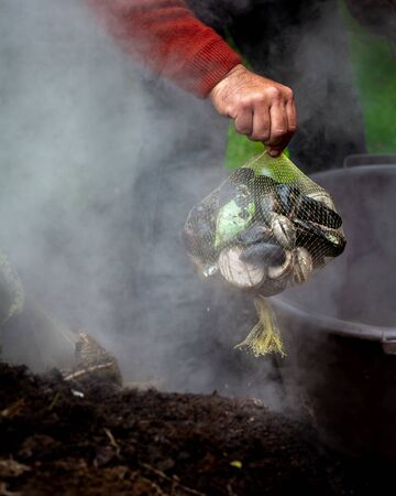 Man holding a bag with famous traditional dish of the South Chile and Chiloe Island - Curanto al Hoyo, Kuranto.の写真素材