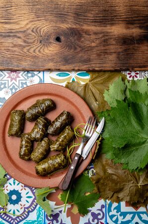 Latin American Mexican Chilean cuisine. Ninos envueltos Wrapped children. Grape leaves stuffed wish meat on clay plate. Talavera ceramic backgroundの写真素材