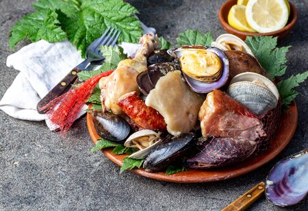 Famous traditional dish of the south of Chile and the Chiloe archipelago - Curanto Kuranto.  Different seafood and meat cooked in a pit on the coals under the ground.の写真素材