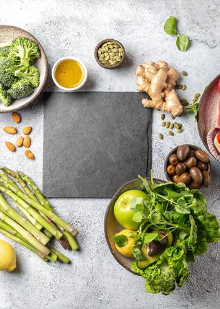 Healthy Clean eating concept. Vegetables, seafood, oil, Food background with copy space.の写真素材