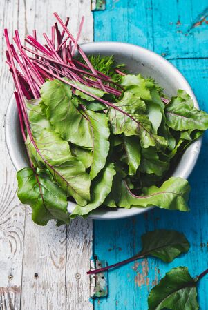 Fresh mangold on rustic white blue background. Top view.の写真素材