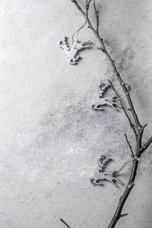 Christmas holiday background with Natural wooden decorations. Copy space, top view. Zero waste Christmas concept.の写真素材