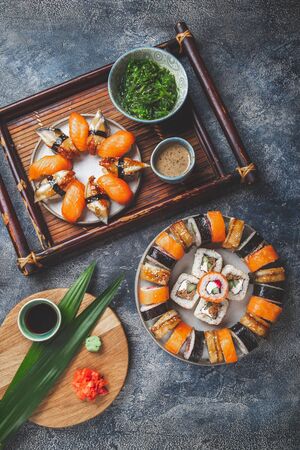 Sushi and rolls sets. Japonese food. top view.の写真素材