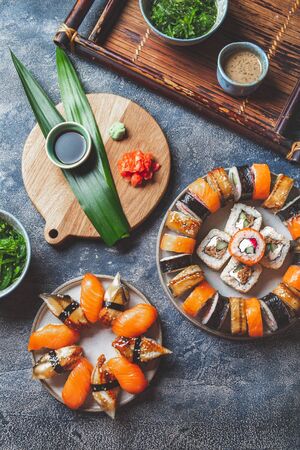 Sushi and rolls sets. Japonese food. top view.の写真素材