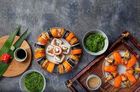 Sushi and rolls sets. Japonese food. top view.の写真素材