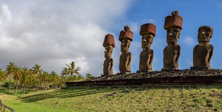 Moai on Anakena Beach on Easter Island Rapa Nui.の写真素材